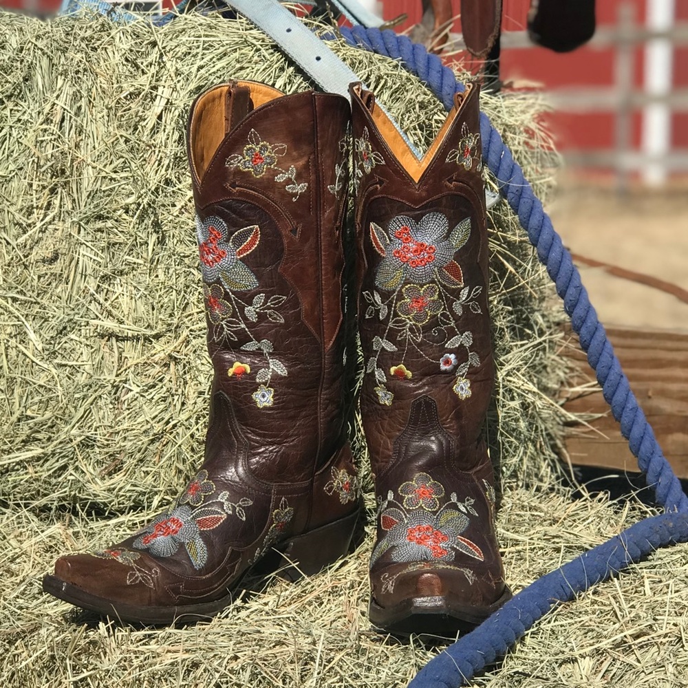Old Gringo Brown Leather Embroidered Floral Heeled Cowboy Boots